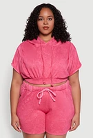 Womens Plus Size Mineral Wash Hooded Crop Sweatshirt with Ruching, Pink, Size 3X