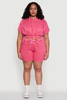 Womens Plus Size Mineral Wash Hooded Crop Sweatshirt with Ruching, Pink, Size 3X