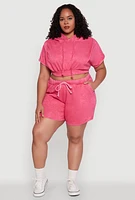 Womens Plus Size Mineral Wash Hooded Crop Sweatshirt with Ruching, Pink, Size 3X