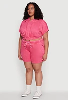 Womens Plus Size Mineral Wash Hooded Crop Sweatshirt with Ruching, Pink, Size 3X