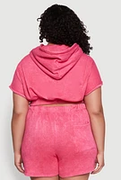 Womens Plus Size Mineral Wash Hooded Crop Sweatshirt with Ruching, Pink, Size 3X