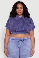 Womens Plus Mineral Wash Hooded Crop Sweatshirt with Ruching,