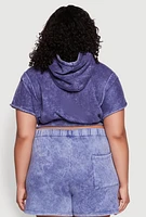 Womens Plus Mineral Wash Hooded Crop Sweatshirt with Ruching,