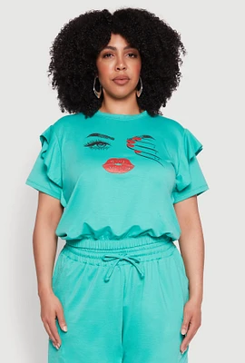 Womens Plus Size Tiered Ruffle Sleeve Face Graphic Top, Green, Size 2X