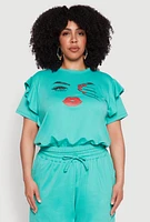 Womens Plus Size Tiered Ruffle Sleeve Face Graphic Top, Green, Size 2X