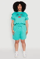 Womens Plus Size Tiered Ruffle Sleeve Face Graphic Top, Green, Size 2X
