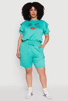 Womens Plus Size Tiered Ruffle Sleeve Face Graphic Top, Green, Size 2X