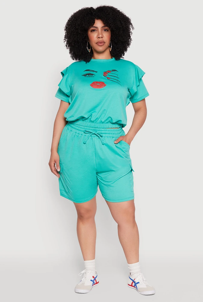 Womens Plus Tiered Ruffle Sleeve Face Graphic Top,