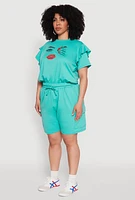 Womens Plus Size Tiered Ruffle Sleeve Face Graphic Top, Green, Size 2X