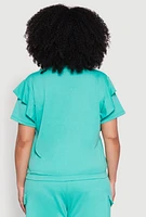 Womens Plus Size Tiered Ruffle Sleeve Face Graphic Top, Green, Size 2X