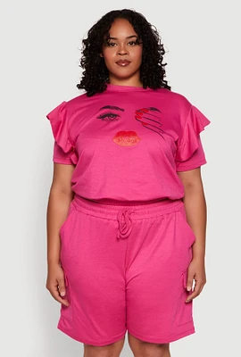 Womens Plus Size Tiered Ruffle Sleeve Face Graphic Top, Pink, Size 3X