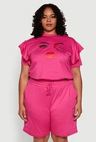 Womens Plus Tiered Ruffle Sleeve Face Graphic Top, Pink,