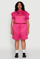 Womens Plus Size Tiered Ruffle Sleeve Face Graphic Top, Pink, Size 3X