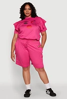 Womens Plus Tiered Ruffle Sleeve Face Graphic Top, Pink,