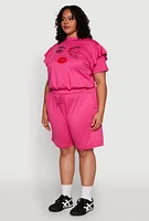 Womens Plus Size Tiered Ruffle Sleeve Face Graphic Top, Pink, Size 3X