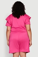 Womens Plus Size Tiered Ruffle Sleeve Face Graphic Top, Pink, Size 3X