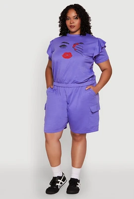 Womens Plus Size Drawstring Cargo Sweatshorts, Purple, Size 1X