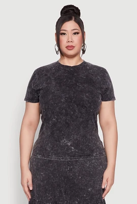 Womens Plus Size Mineral Wash Short Sleeve Tee, Black, Size 1X