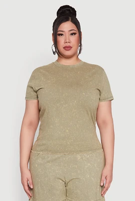 Womens Plus Size Mineral Wash Short Sleeve Tee, Green, Size 1X