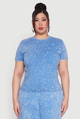 Womens Plus Size Mineral Wash Short Sleeve Tee, Blue, Size 1X