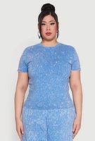 Womens Plus Size Mineral Wash Short Sleeve Tee, Blue, Size 1X