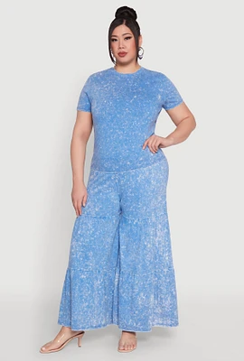 Womens Plus Size Mineral Wash Tiered Palazzo Pants, Blue, Size 3X