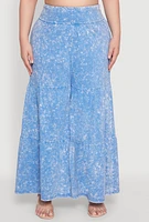Womens Plus Size Mineral Wash Tiered Palazzo Pants, Blue, Size 3X