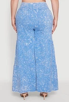 Womens Plus Size Mineral Wash Tiered Palazzo Pants, Blue, Size 3X