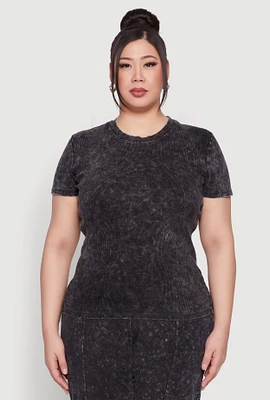 Womens Plus Size Mineral Wash Ribbed Knit Top, Black, Size 1X