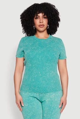Womens Plus Mineral Wash Ribbed Knit Top, Green,