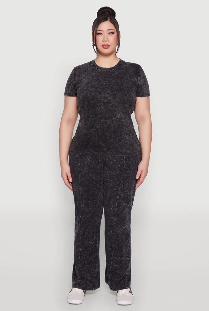 Womens Plus Size Mineral Wash Pintuck Pants, Black, Size 2X