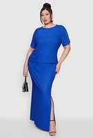 Womens Plus High Waisted Slit Front Skirt, Blue,