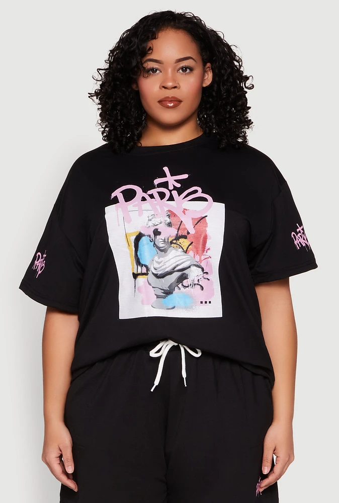 Womens Plus Size Paris Graphic Print Top, Black, Size 1X