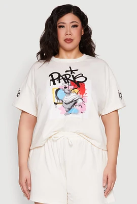 Womens Plus Size Paris Graphic Print Top, Beige, Size 3X