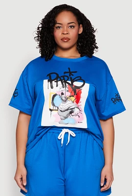 Womens Plus Size Paris Graphic Print Top, Blue, Size 2X