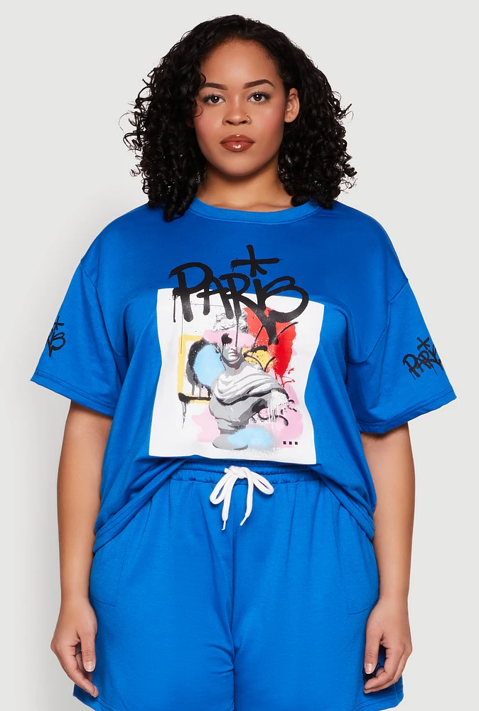 Womens Plus Size Paris Graphic Print Top, Blue, Size 3X
