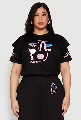 Womens Plus Abstract Love Graphic Tiered Sleeve Top,