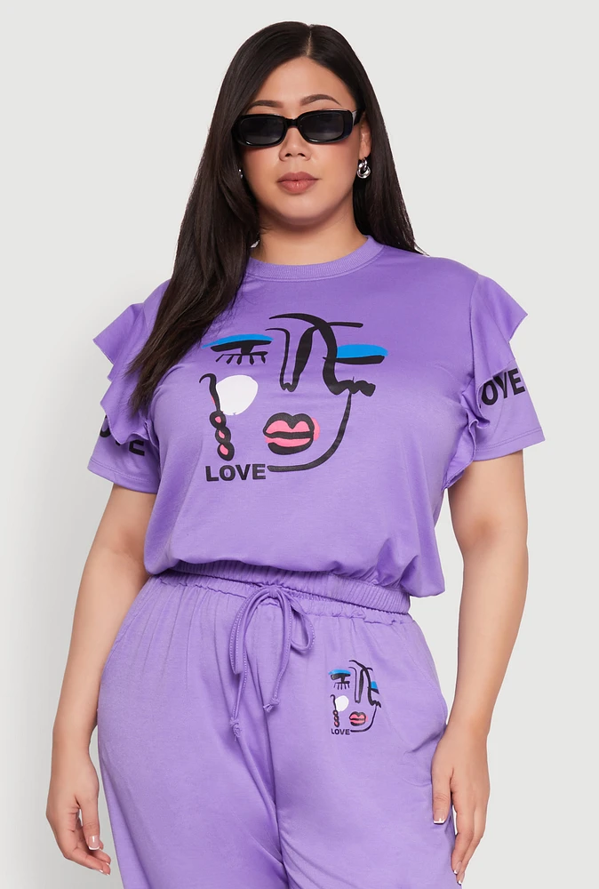 Womens Plus Abstract Love Graphic Tiered Sleeve Top,