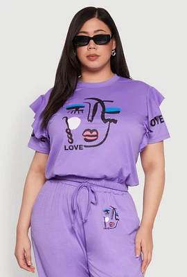 Womens Plus Abstract Love Graphic Tiered Sleeve Top,