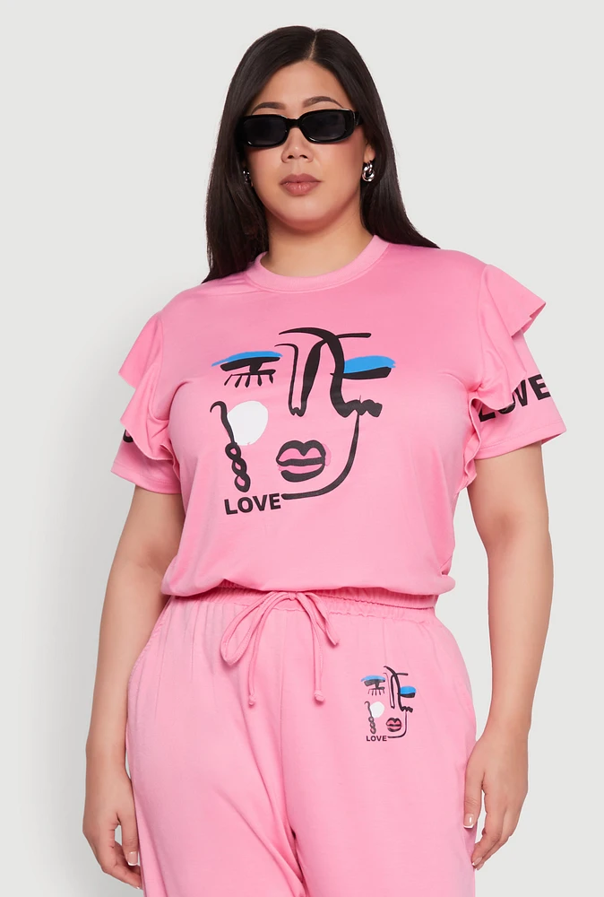 Womens Plus Size Abstract Love Graphic Tiered Sleeve Top, Pink, Size 2X