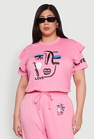 Womens Plus Size Abstract Love Graphic Tiered Sleeve Top, Pink, Size 2X