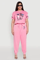 Womens Plus Size Abstract Love Graphic Tiered Sleeve Top, Pink, Size 2X