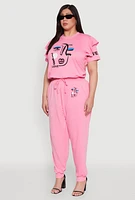 Womens Plus Size Abstract Love Graphic Tiered Sleeve Top, Pink, Size 2X