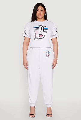 Womens Plus Size Abstract Love Graphic Joggers, White, Size 1X