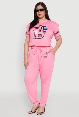 Womens Plus Size Abstract Love Graphic Joggers, Pink, Size 3X