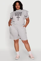 Womens Plus Size Tiered Ruffle Sleeve Faith Hope Love Top, Grey, Size 2X