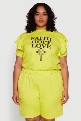 Womens Plus Tiered Ruffle Sleeve Faith Hope Love Top,