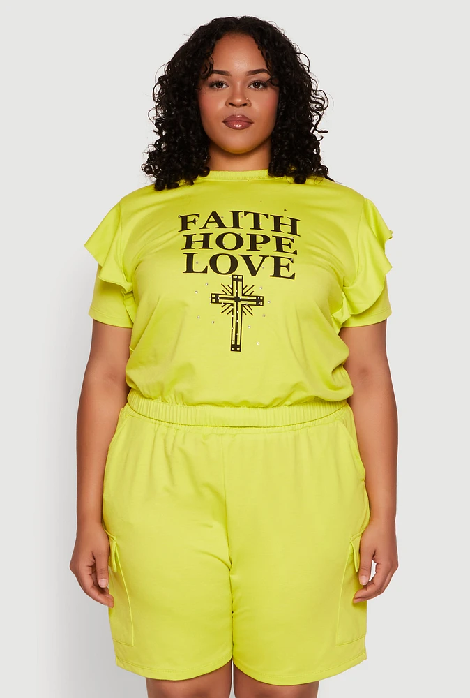Womens Plus Size Tiered Ruffle Sleeve Faith Hope Love Top, Green, Size 1X