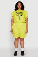Womens Plus Size Tiered Ruffle Sleeve Faith Hope Love Top, Green, Size 1X