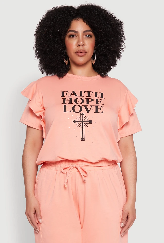 Womens Plus Size Tiered Ruffle Sleeve Faith Hope Love Top, Pink, Size 1X